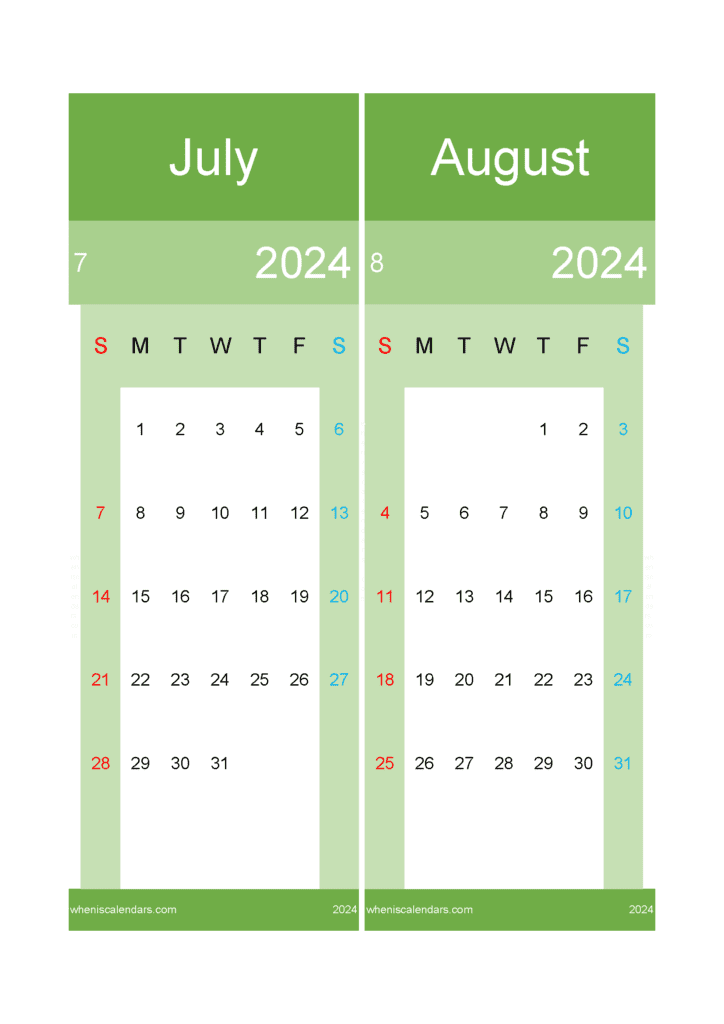 Download Calendar 2024 Jul August A4 JA428