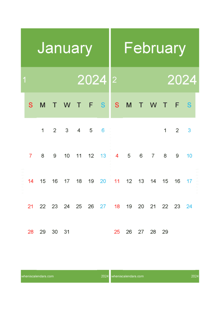 Download calendar for Jan and February 2024 A4 JF242030
