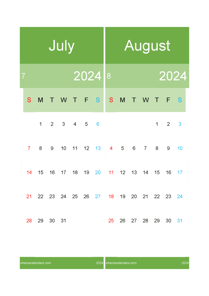 Download Calendar for Jul and August 2024 A4 JA430