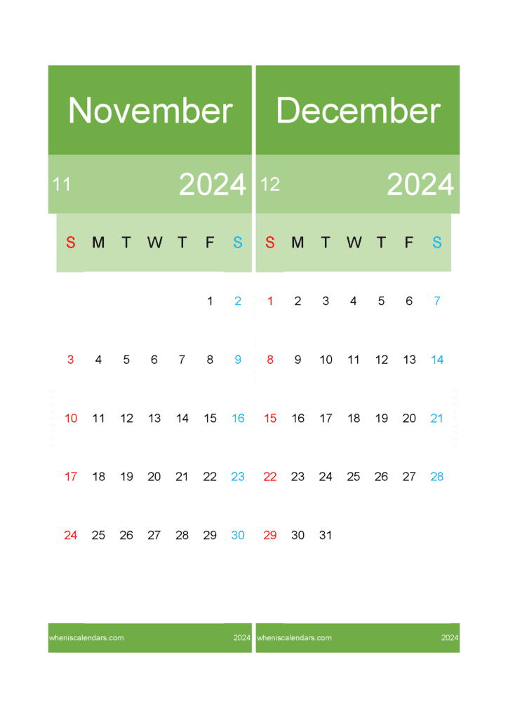 Download Calendar for Nov and December 2024 A4 ND430