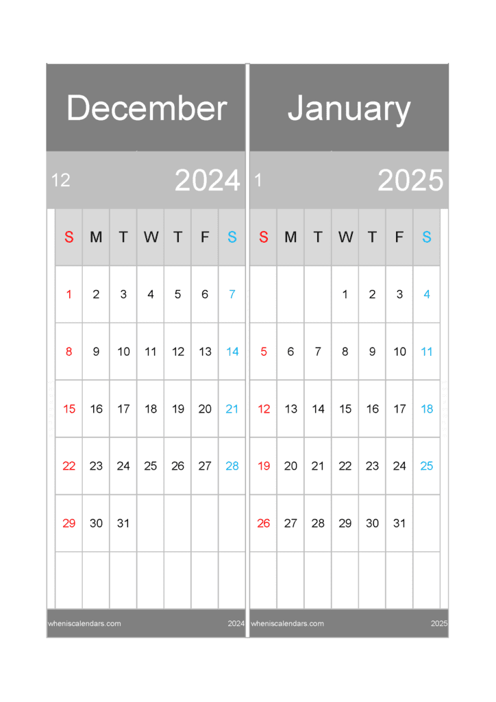 Download printable Calendar Dec 2024 and Jan 2025 A4 D4J546