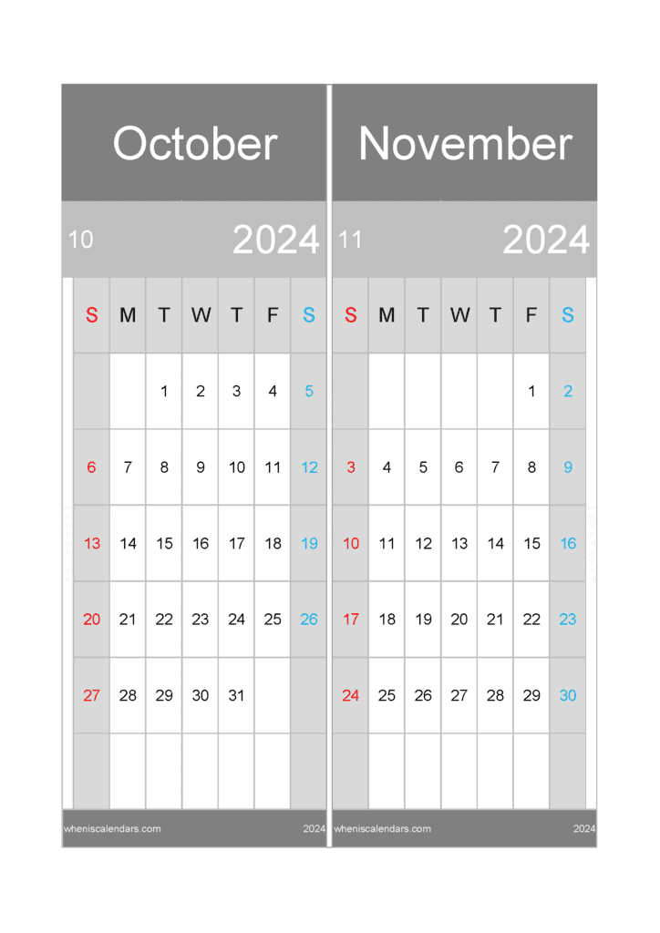 Download Calendar for the month of October and November 2024 A4 ON447