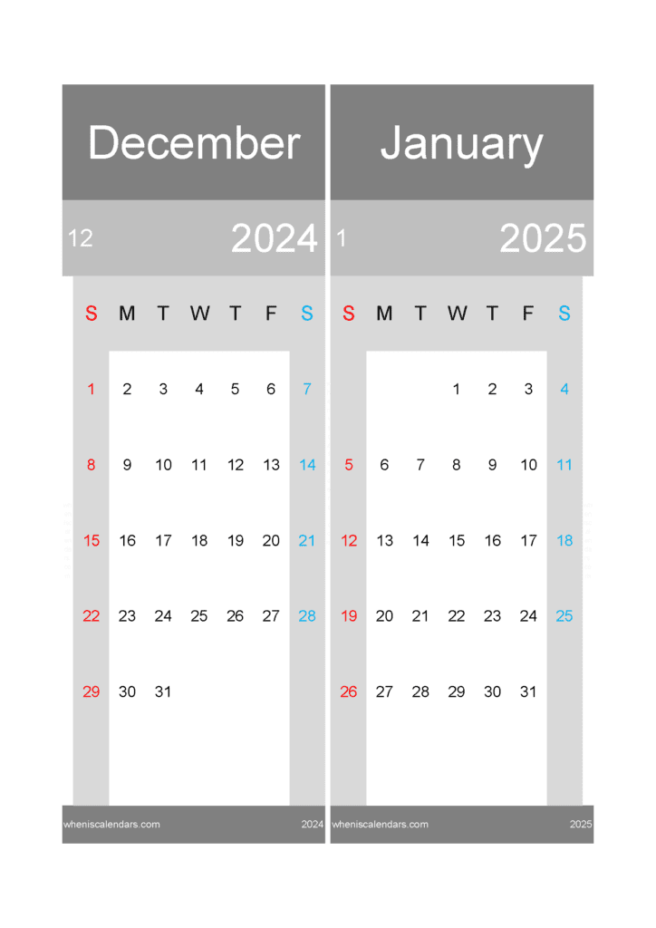 Download printable Calendar December 2024 and January 2025 A4 D4J518