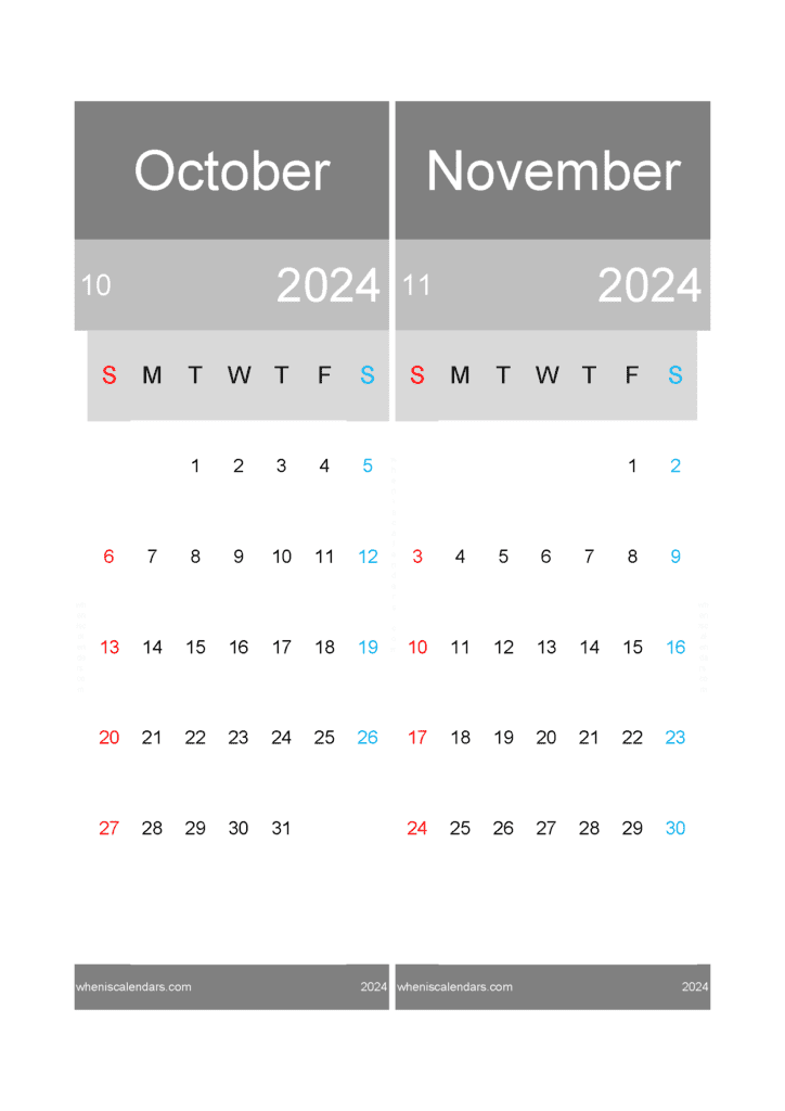 Download Oct and November Calendar 2024 A4 ON420
