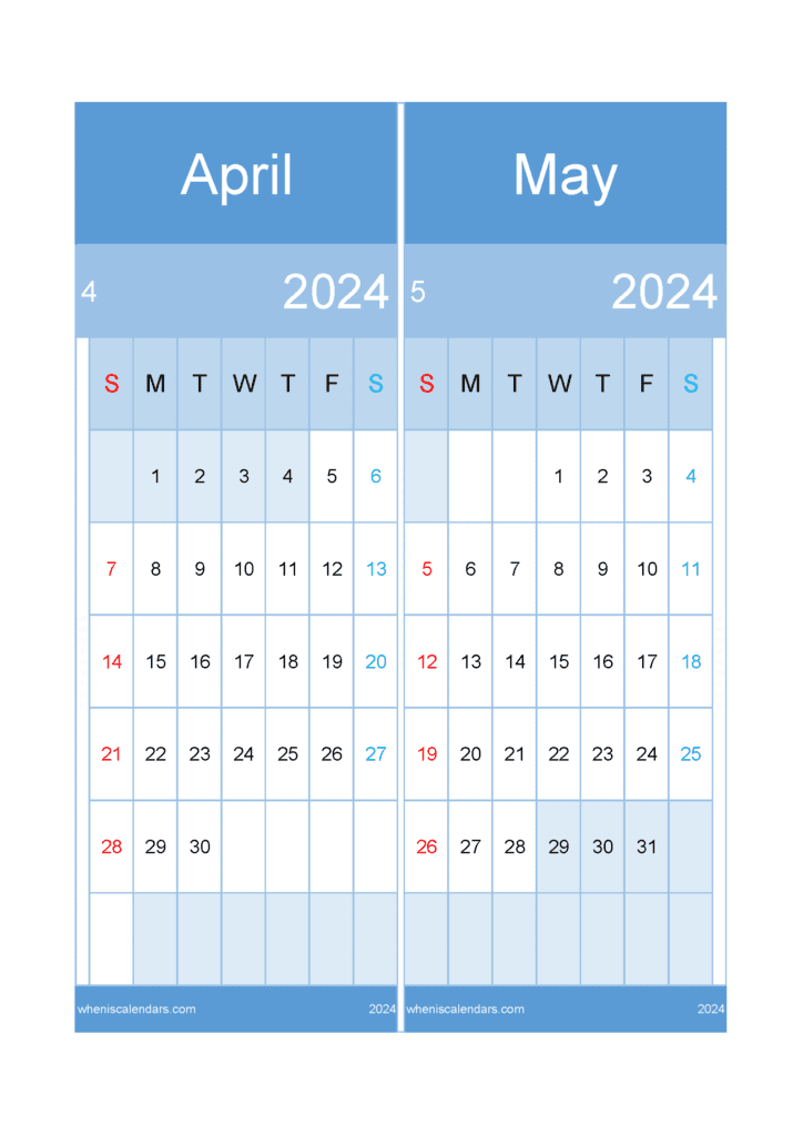 Download April to May 2024 Calendar A4 AM424