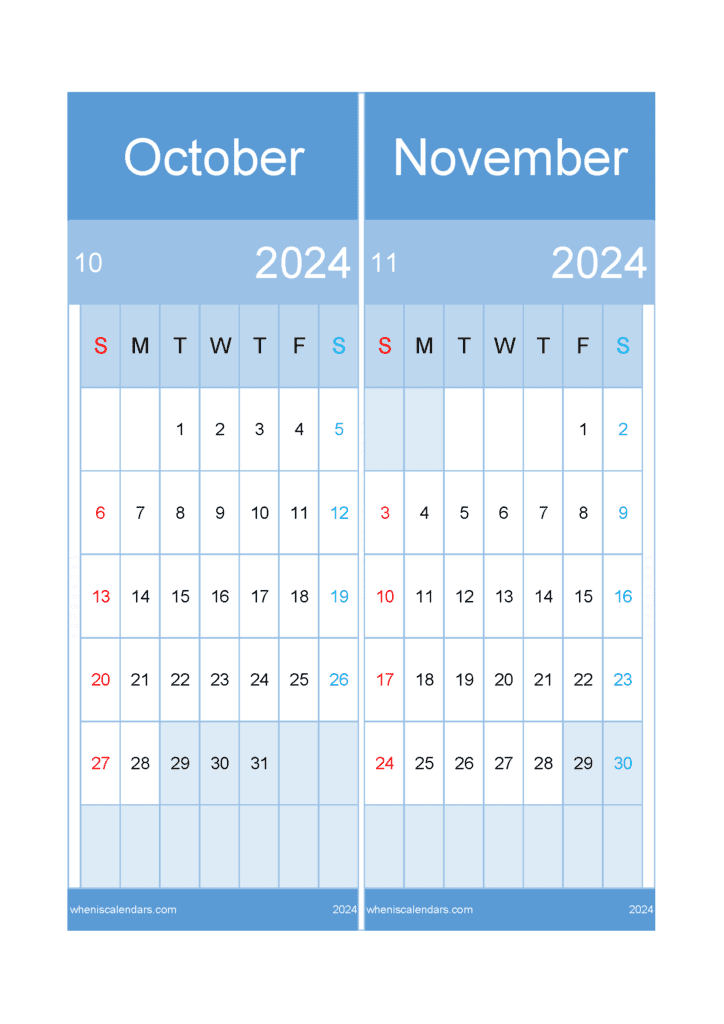 Download October to November 2024 Calendar A4 ON424