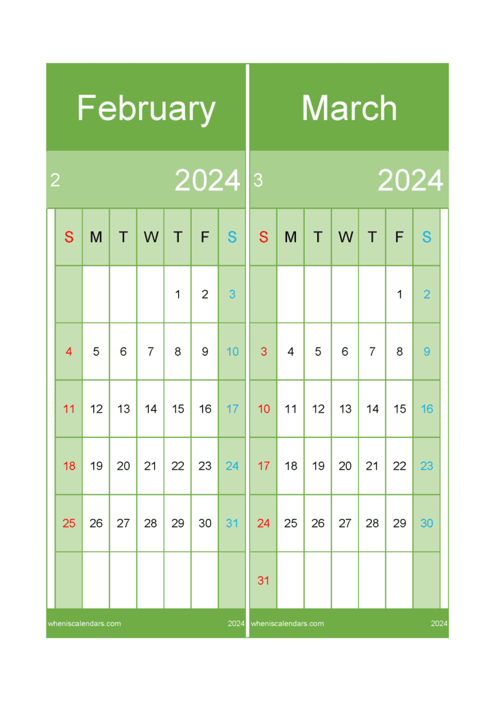 Download free January February 2024 Calendar printable