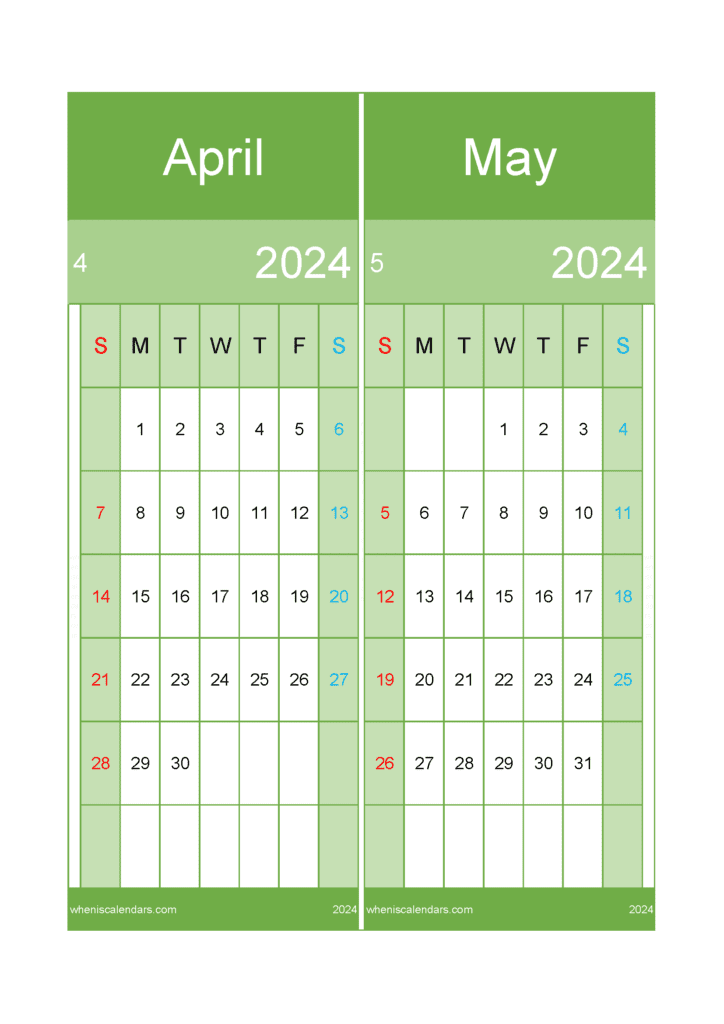 Download free March April 2024 Calendar printable