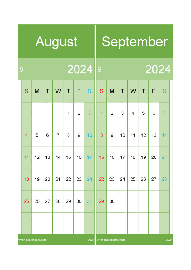 Download September and August Calendar 2024 A4 AS427