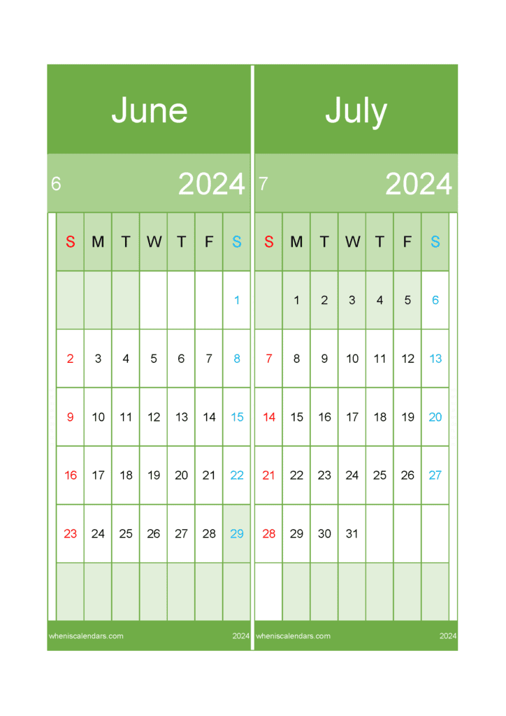 Download Jun Jul 2024 Calendar A4 JJ429