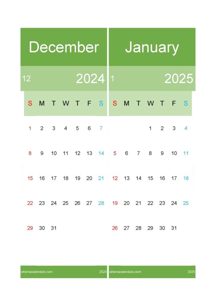 Download Calendar for Dec 2024 and January 2025 A4 D4J530