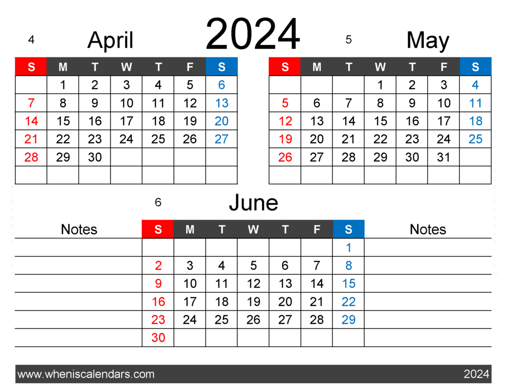 Download 3 month Calendar April May June 2024 AMJ421