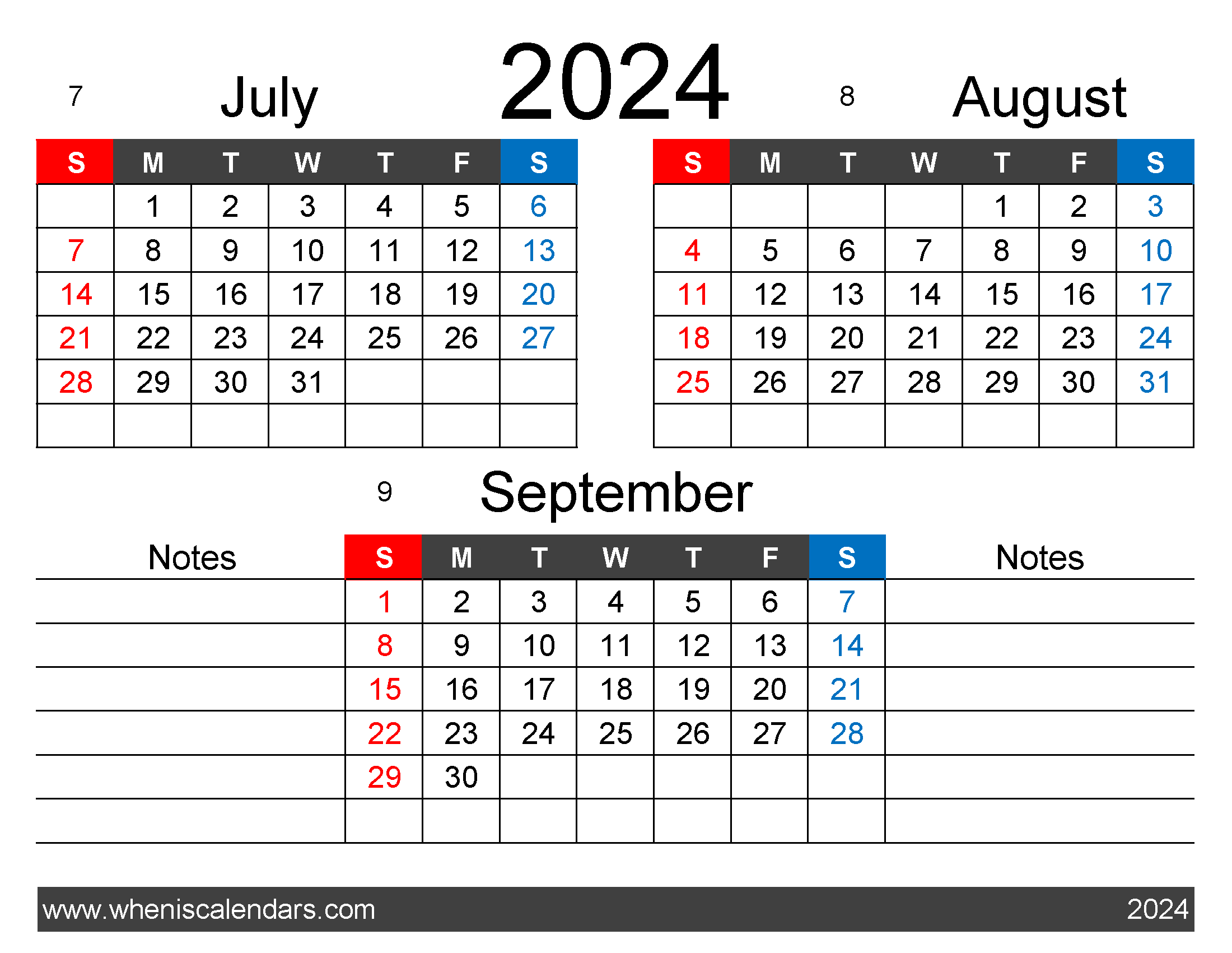 Download 3 month calendar July August September 2024 JAS421