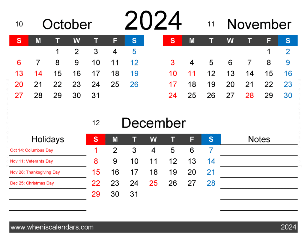 Download free October November December 2024 Calendar printable