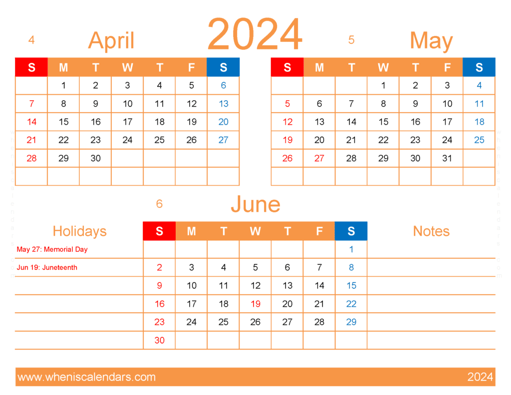 Download free April May June 2024 Calendar printable