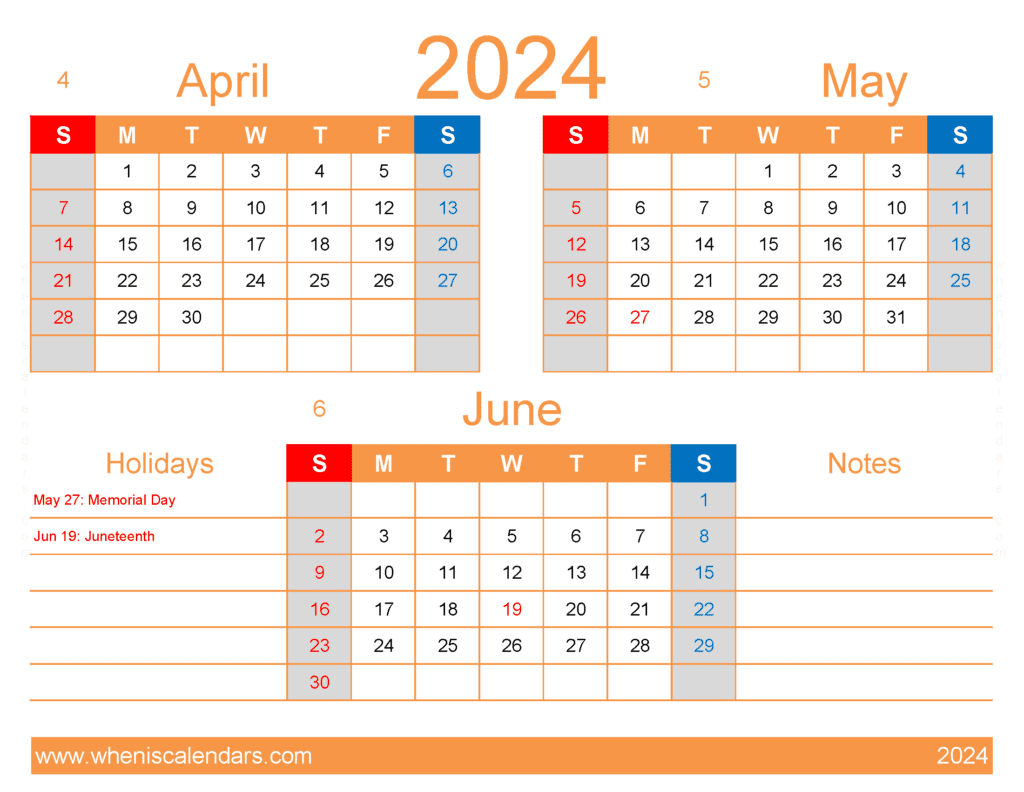 Download April to June 2024 Calendar AMJ406