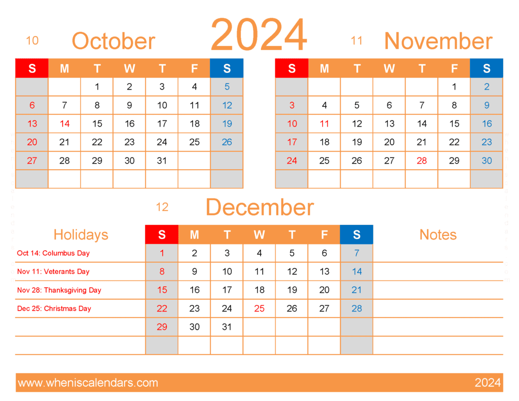 Download October to December 2024 calendar OND406
