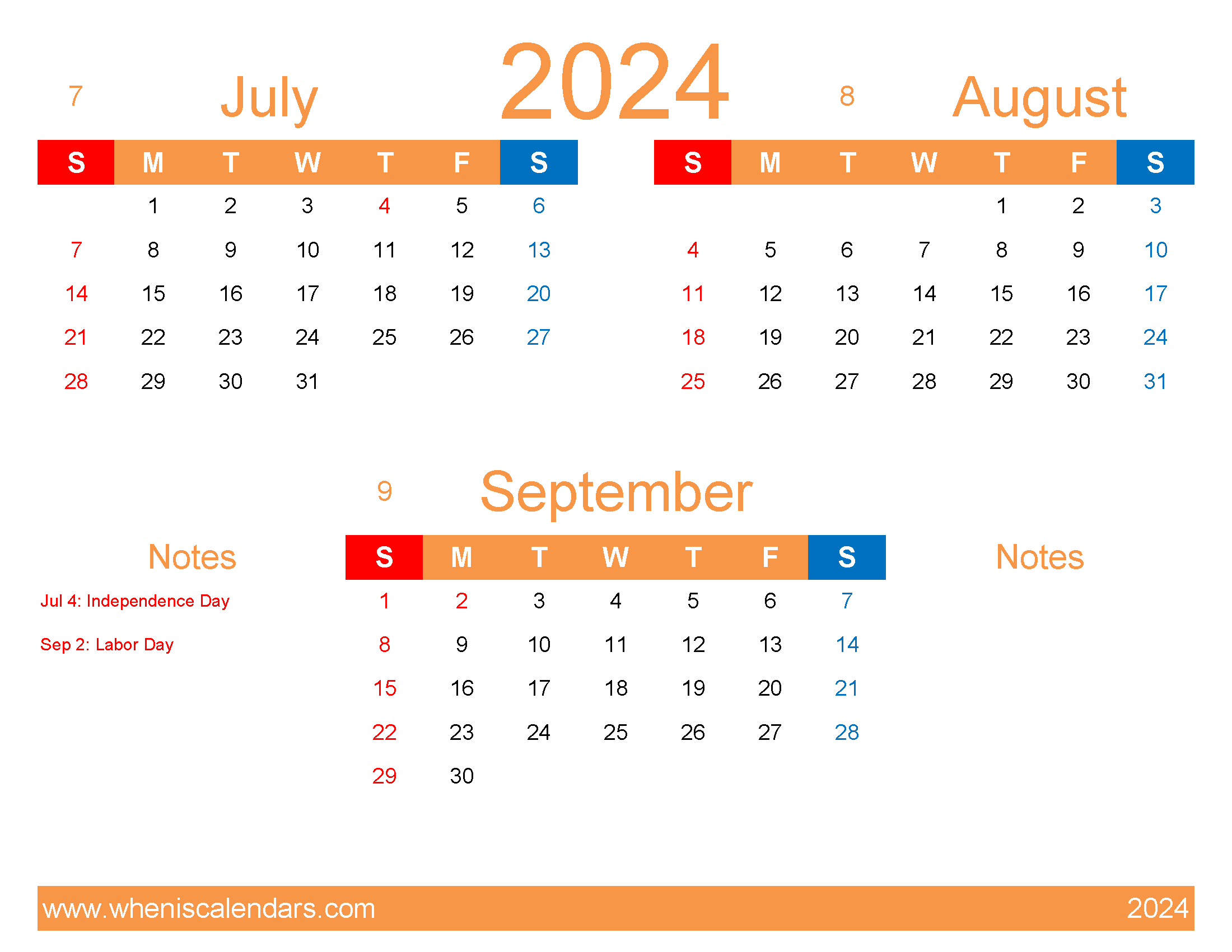 Download Jul Aug September 2024 calendar JAS407