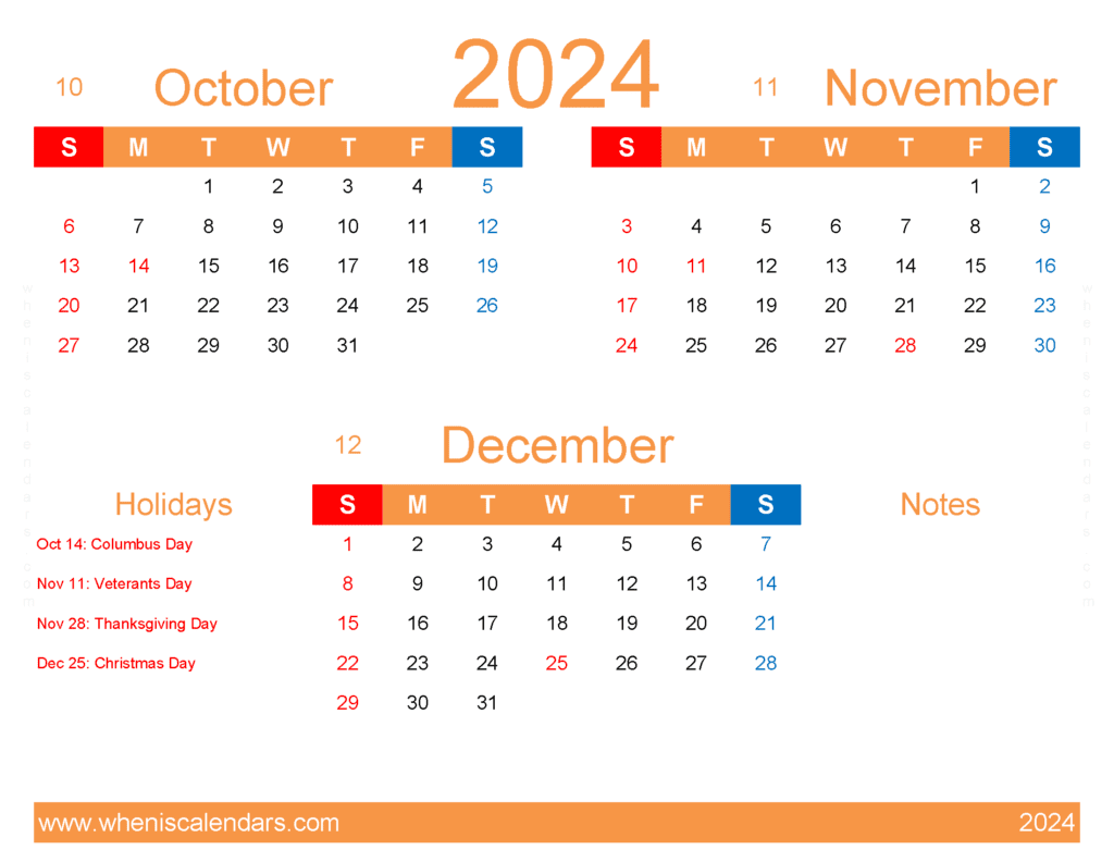 Download Oct Nov December 2024 calendar OND407