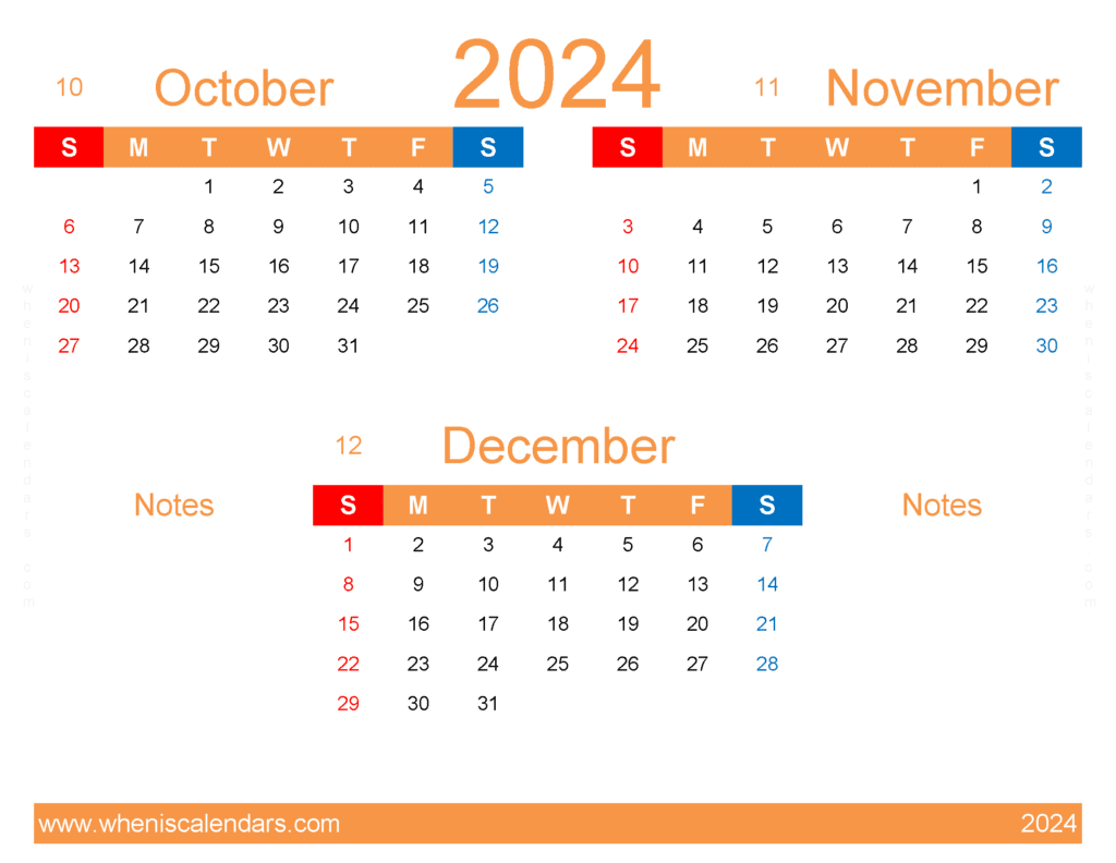Download October December calendar 2024 OND428