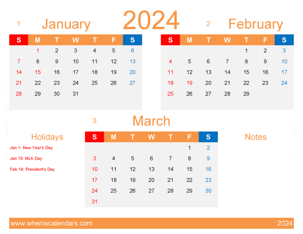 Download January February March calendar 2024 JFM408