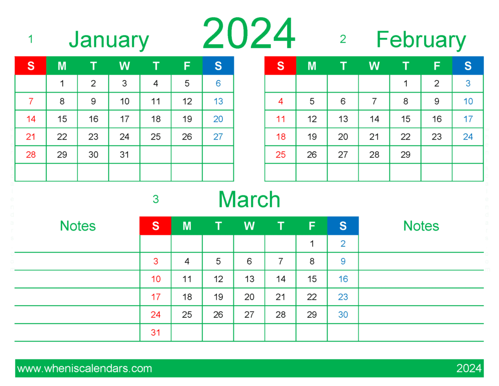 Download January and February and March 2024 calendar JFM429