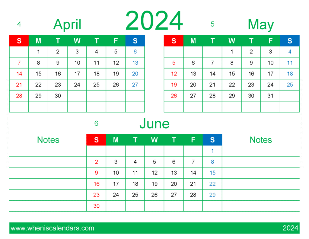 Download April and May and June 2024 Calendar AMJ429