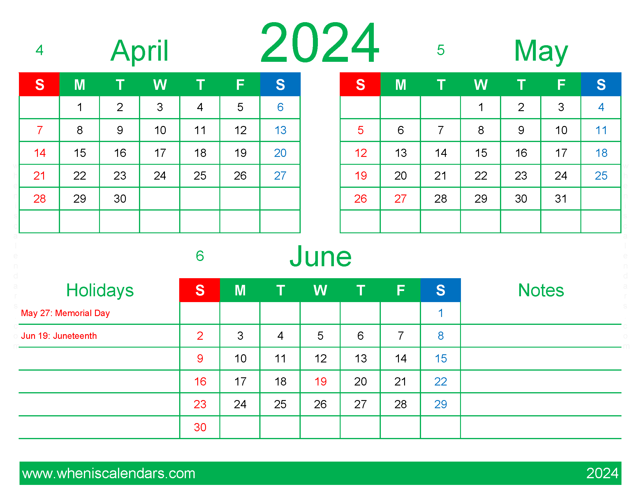Download 2024 April May June Calendar free AMJ409