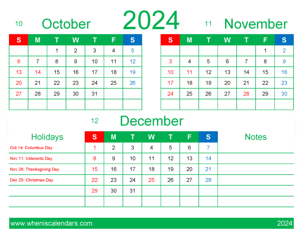 Download 2024 October November December calendar free OND409