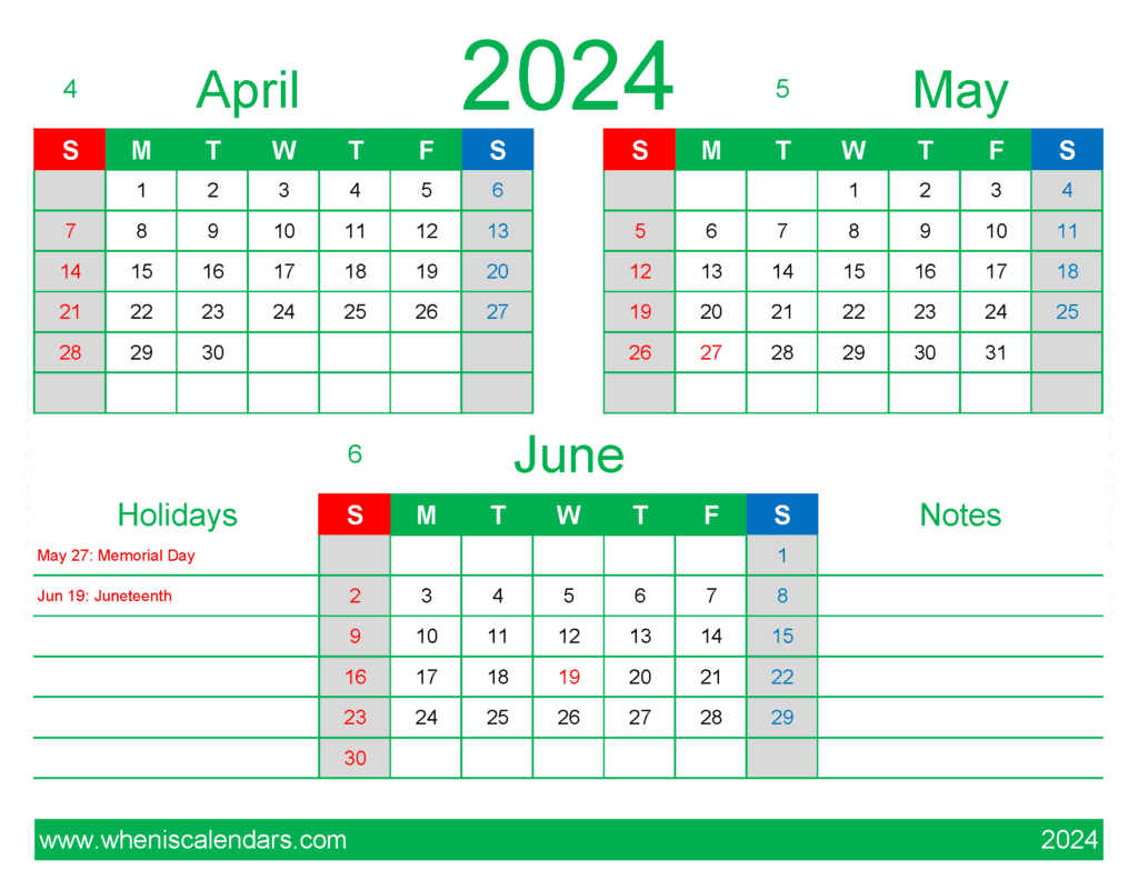 Download 2024 Calendar April May June AMJ410