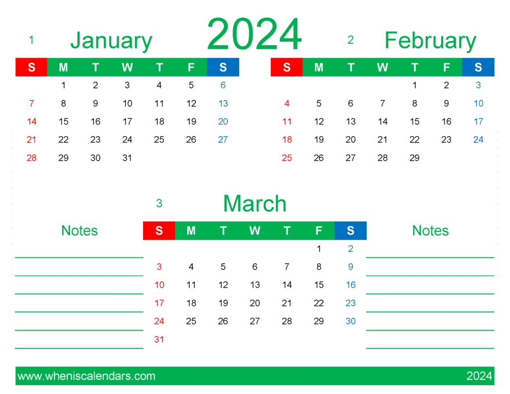 Download calendar for Jan Feb March 2024 JFM431