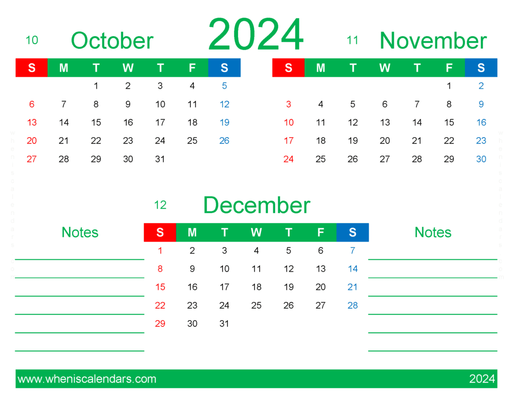 Download calendar for Oct Nov December 2024 OND431