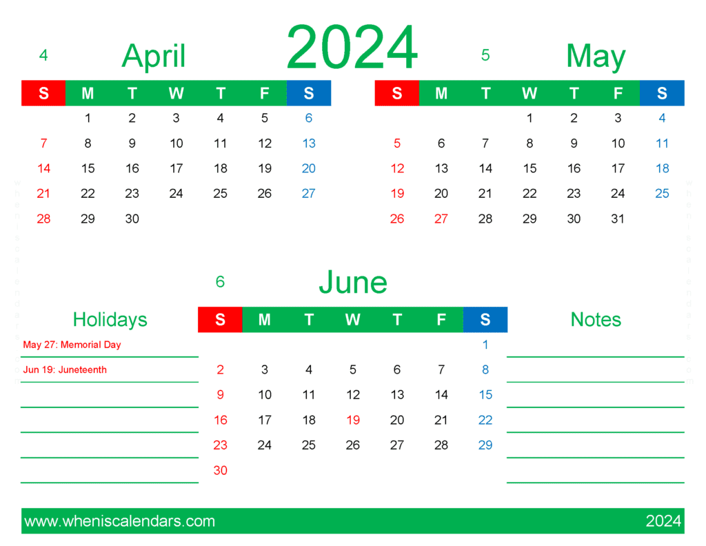 Download Calendar 2024 April May June AMJ411