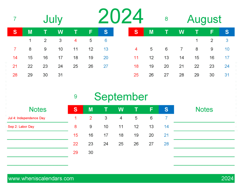 Download free July August September 2024 Calendar printable
