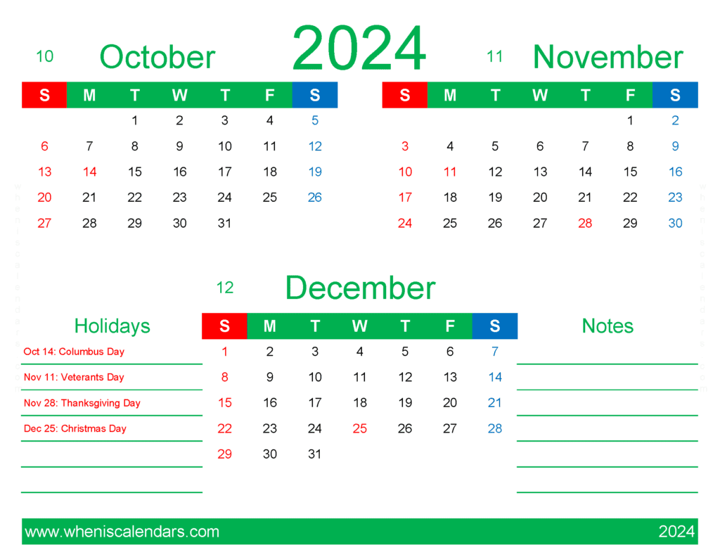 Download calendar 2024 October November December OND411