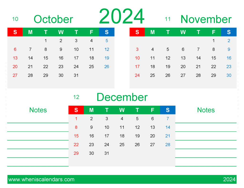 Download Oct Nov and December 2024 calendar OND432