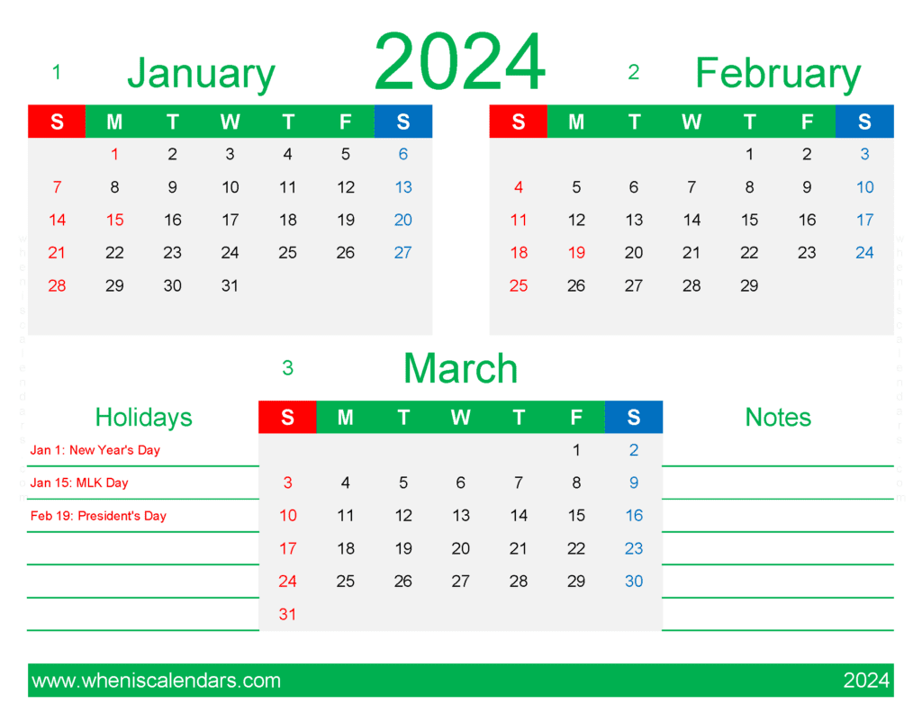 Download calendar January February March 2024 JFM412