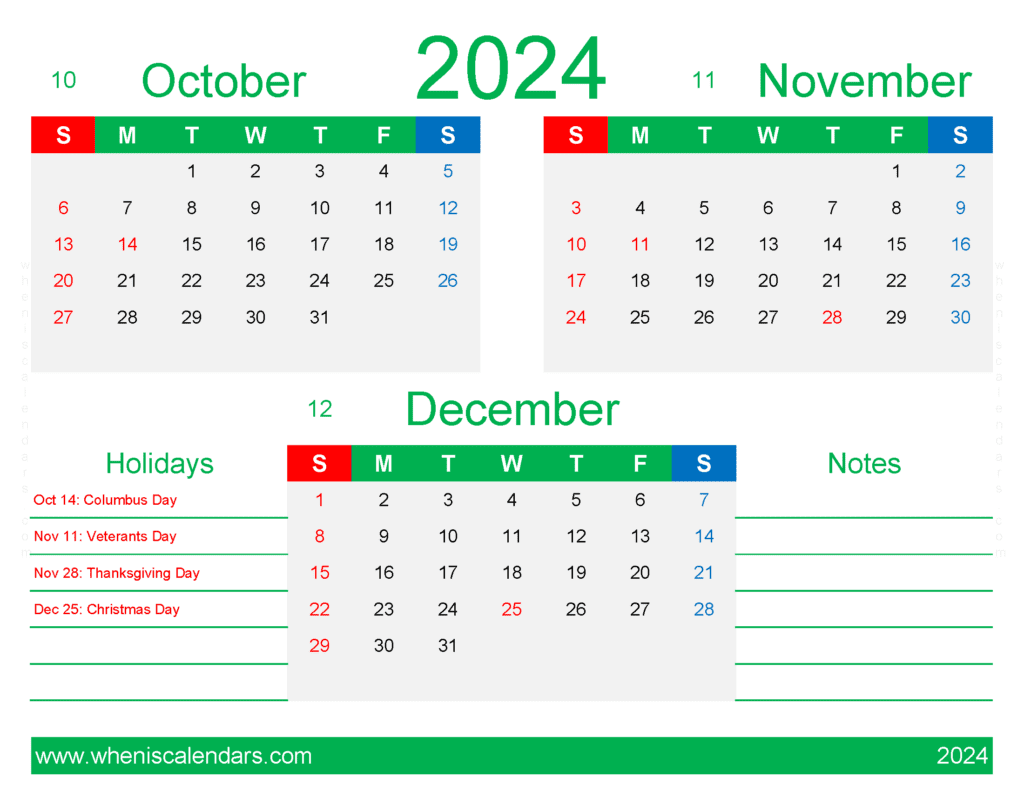 Download calendar October November December 2024 OND412