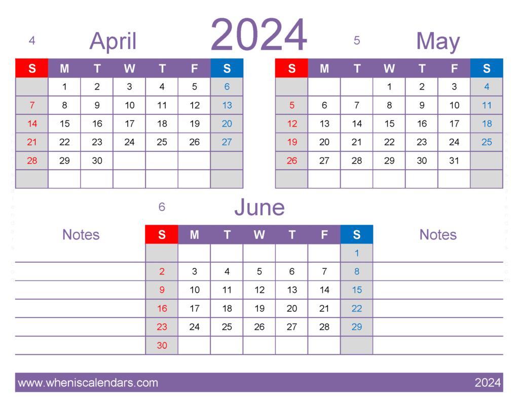 Download April through June Calendar 2024 AMJ434