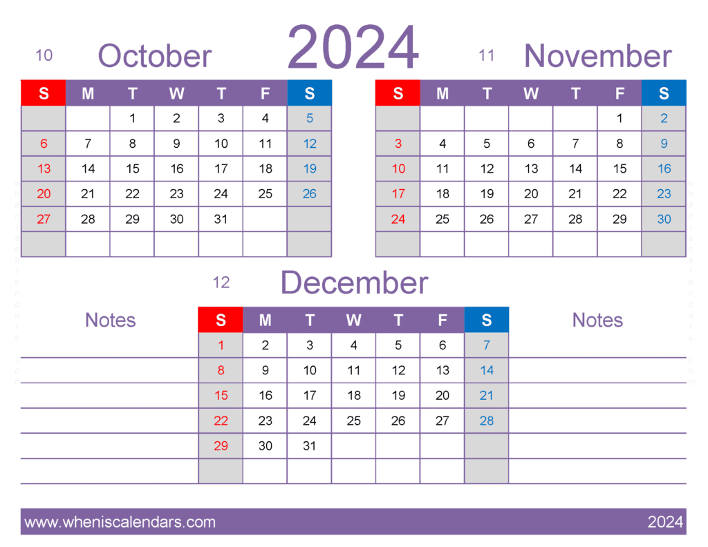 Download October through December calendar 2024 OND434
