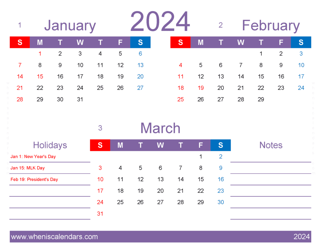 Download January through March 2024 calendar JFM415