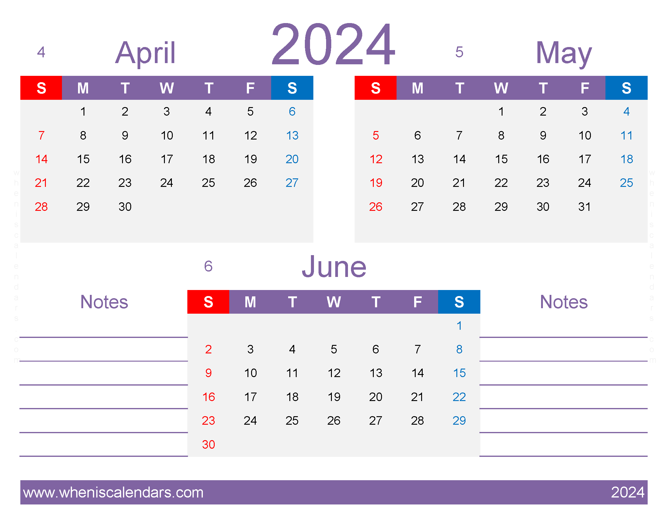 Download Calendar April to June 2024 free AMJ436