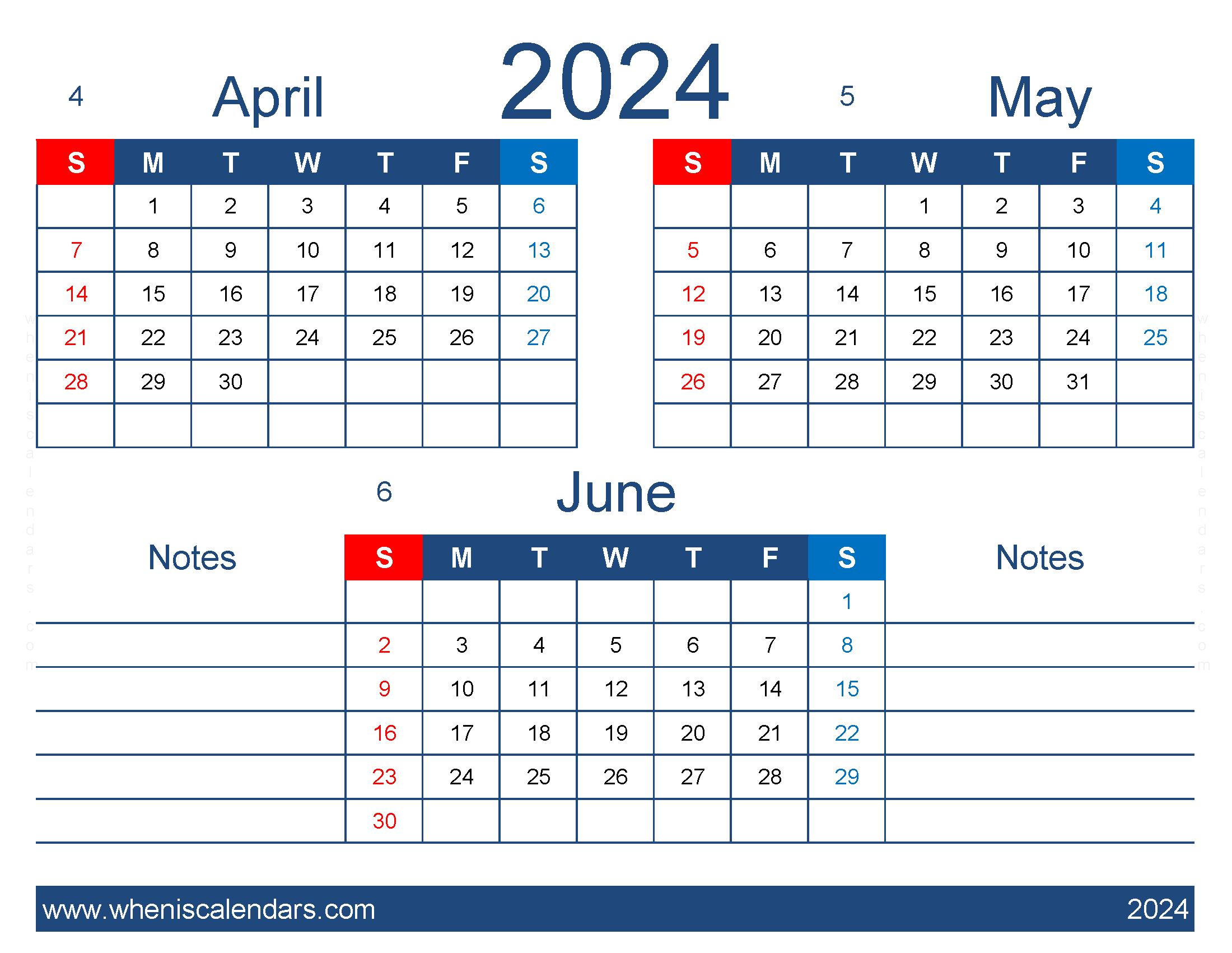 Download April May and June 2024 Calendar free AMJ437