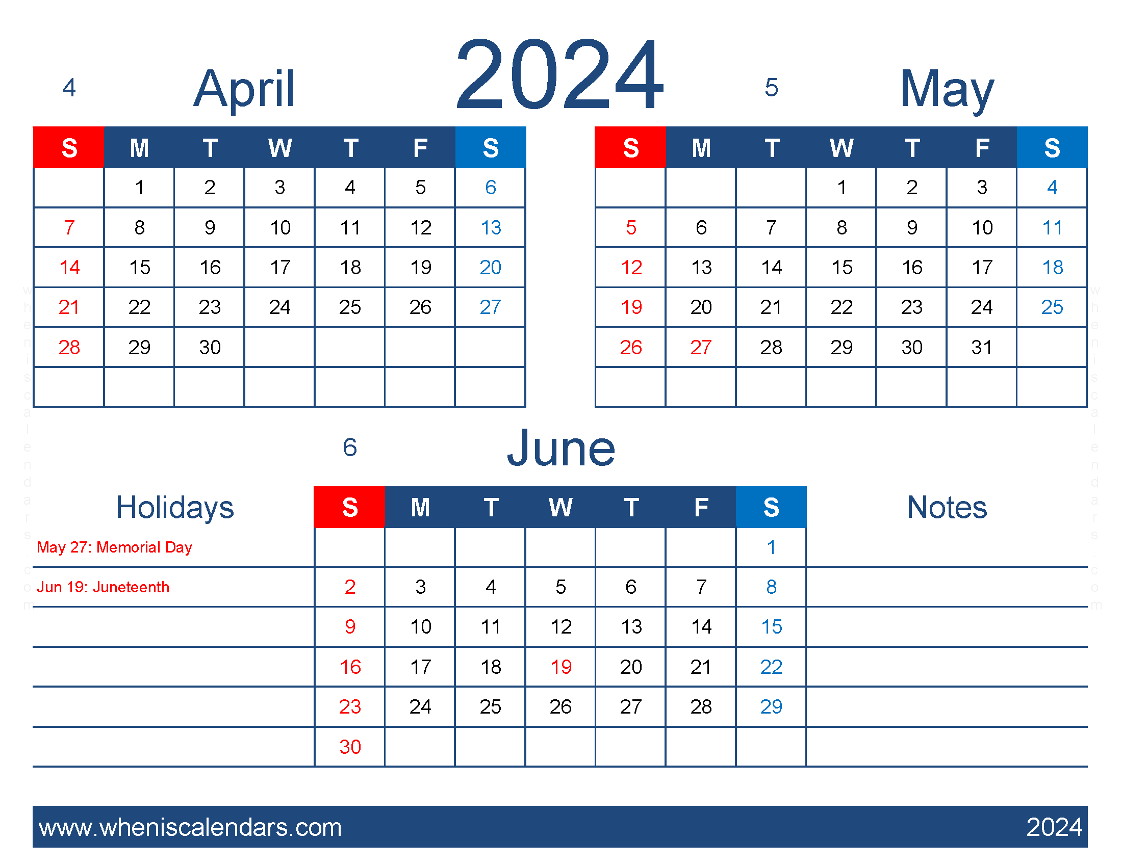 Download printable Calendar April May June 2024 AMJ417