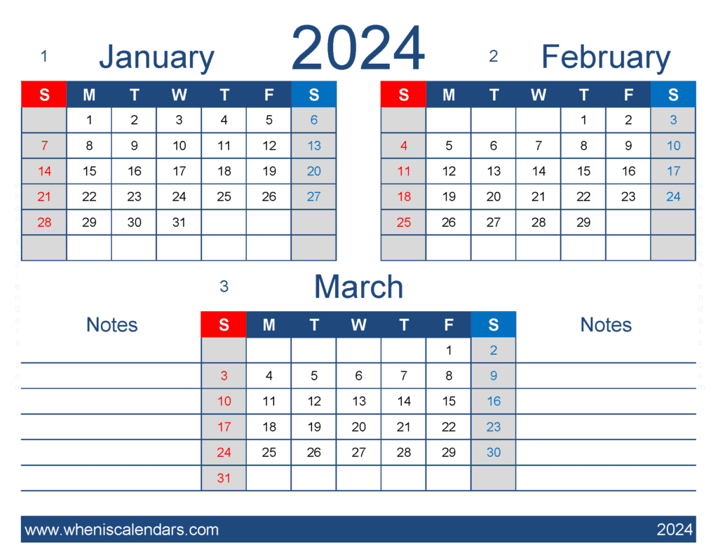 Download printable calendar January February March 2024 JFM438