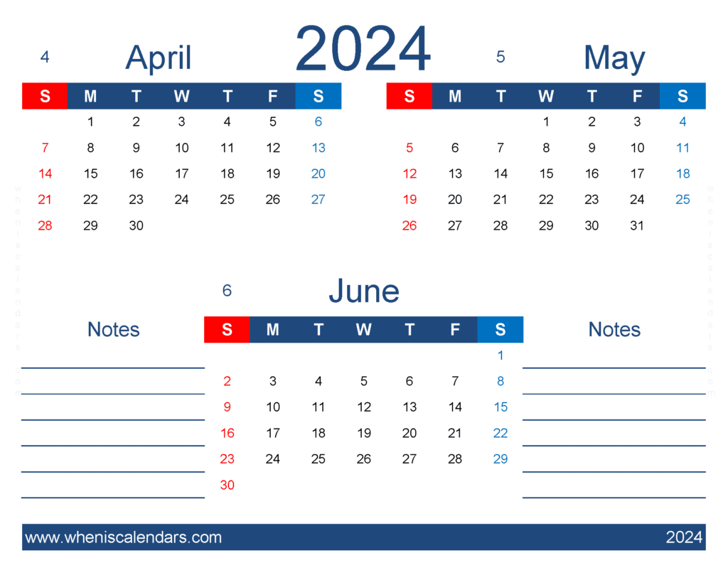 Download free Calendar April May June 2024 AMJ439