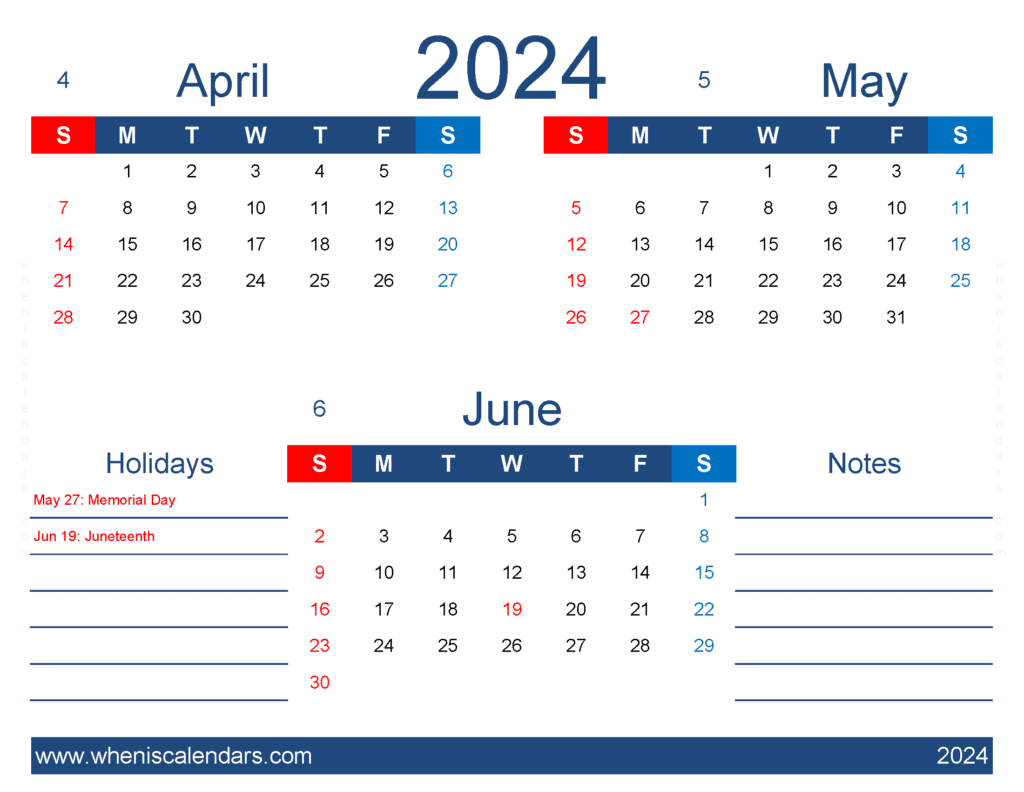 Download Calendar April to June 2024 AMJ419