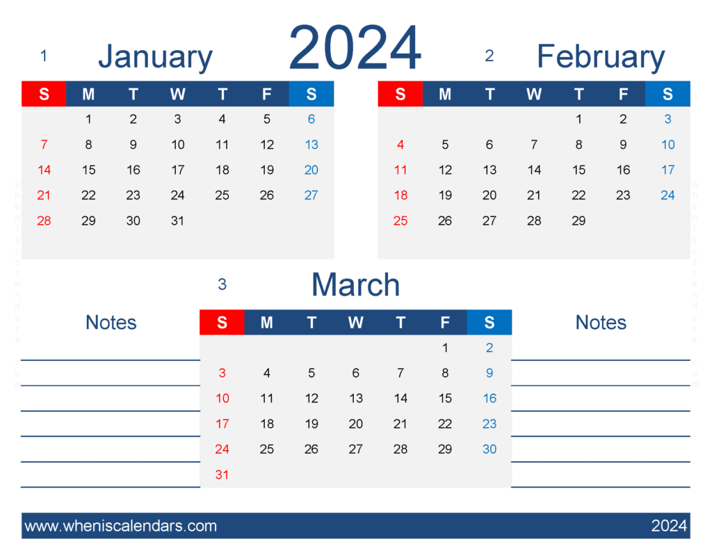 Download free January February March 2024 calendar JFM440