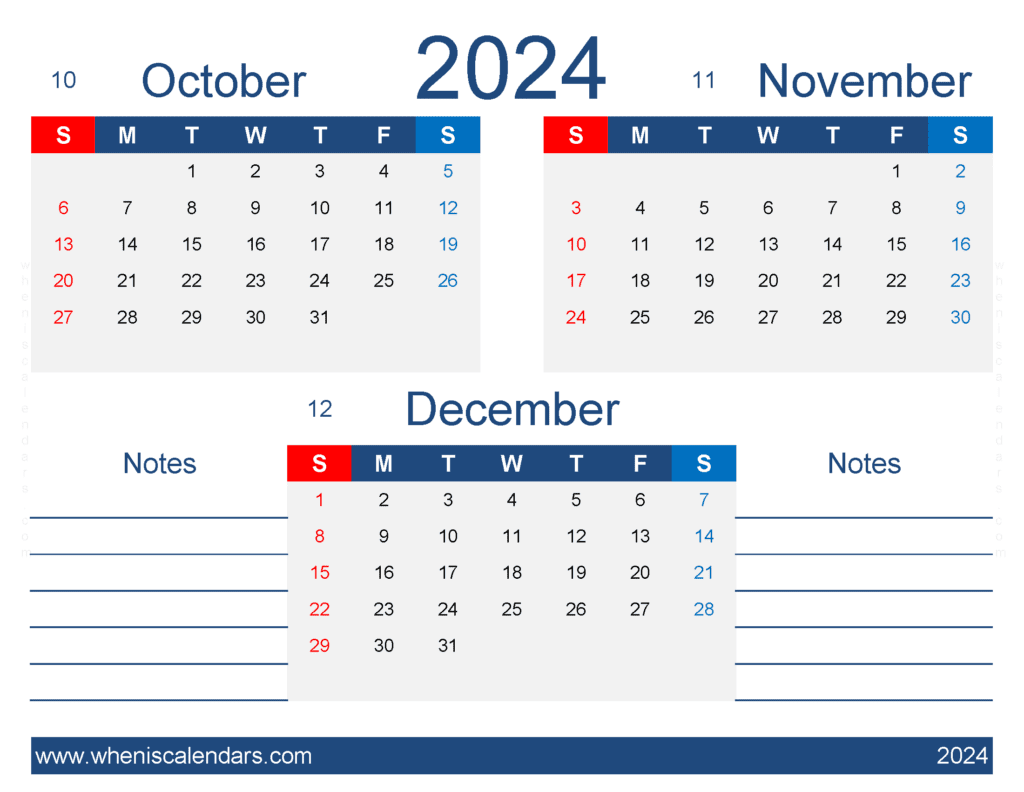 Download free October November December 2024 calendar OND440