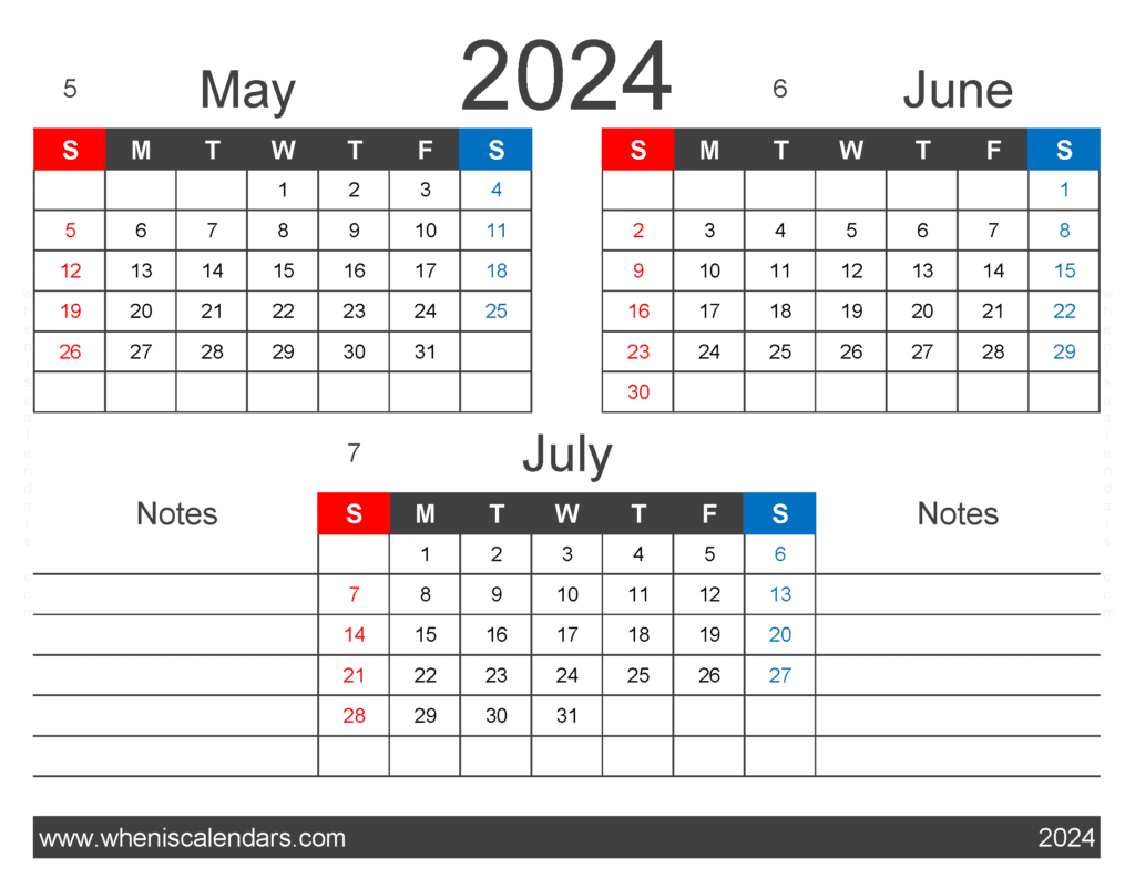 Download 3 month Calendar May June July 2024 MJJ421